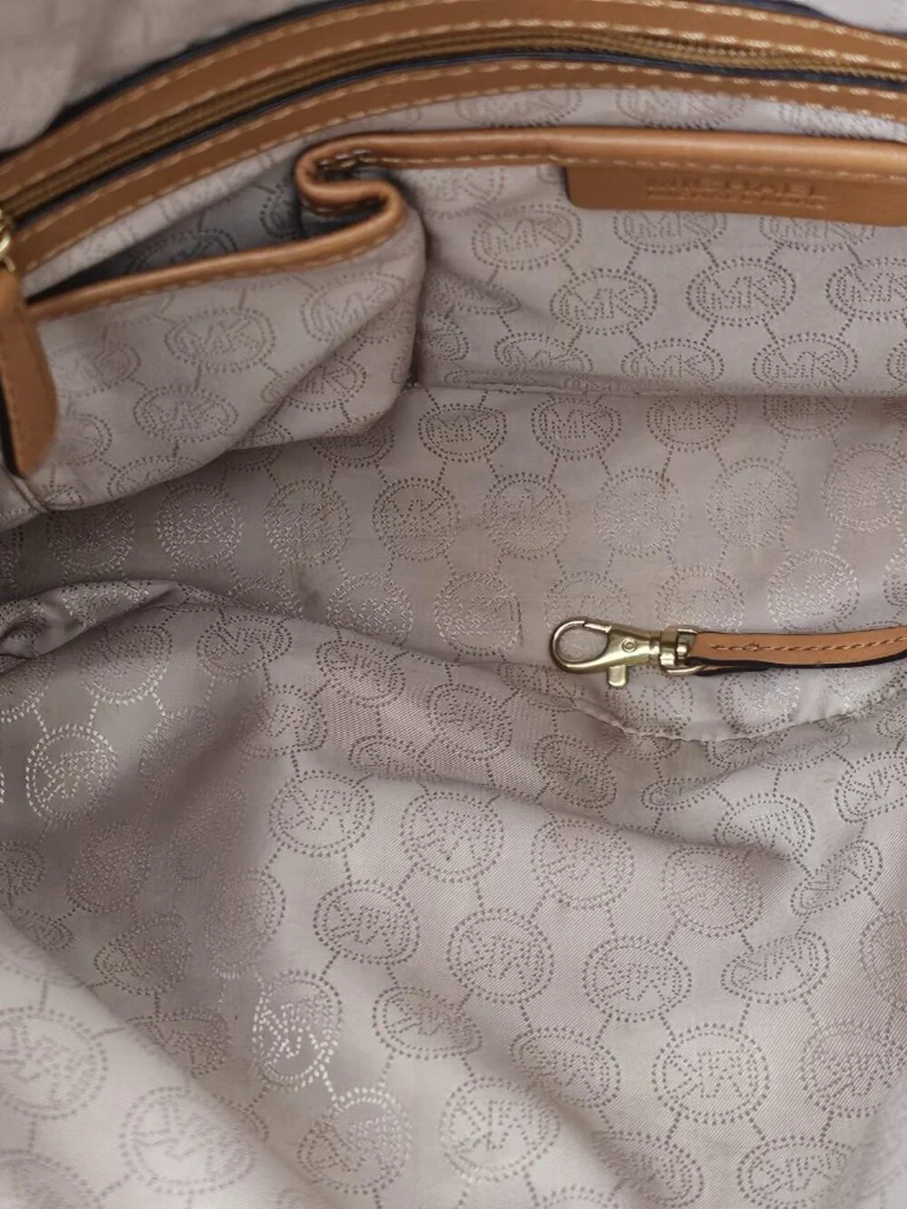 Michael Kors Jet Set Monogram Canvas Leather Boho Tote Shoulder Bag COA Beige